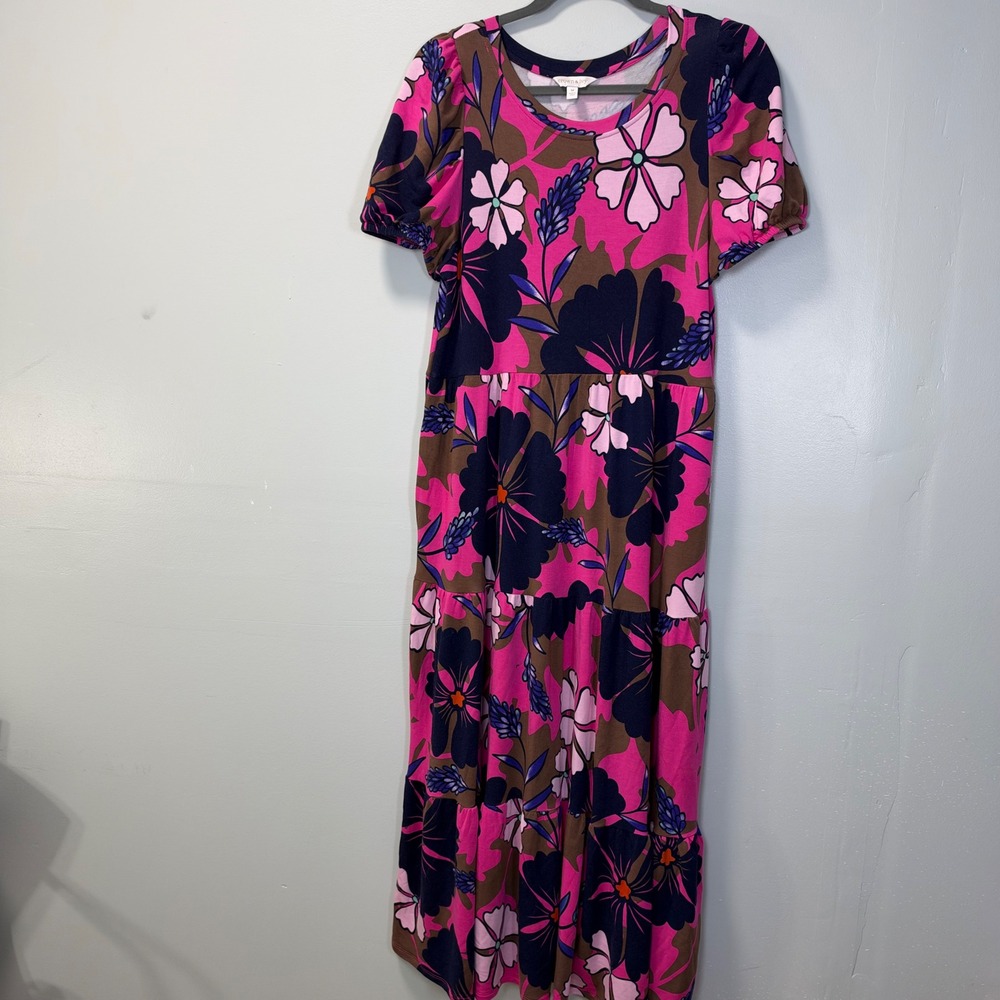 Crown & Ivy Womens Floral Tiered Maxi Dress Pink Brown Blue Size Medium Pockets